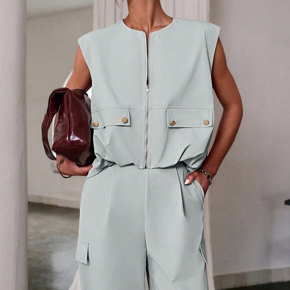 Light Blue Casual Women's Zipper Sleeveless Top And Long Pants Coord Set - Picture 2 of 4